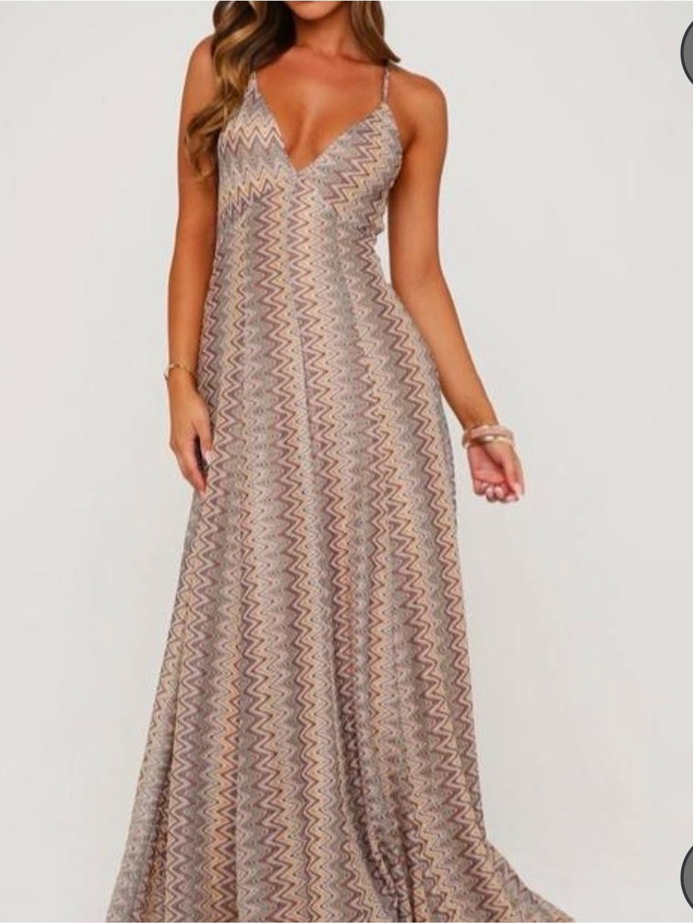 Spaghetti Strap V-Neck Zigzag Maxi Dress - Taupe Multi